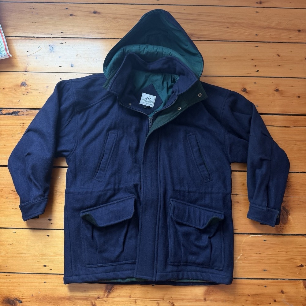 Vintage Wool Hooded Field‎ Coat Mens L Navy Plaid Lined Cold Weather Jacket